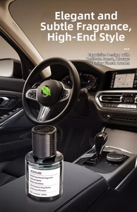 Detail of 160ml blue liquid car fragrance in a glass bottle with dark metallic cap