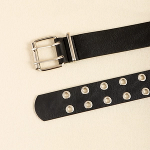 Women's black Y2K punk rock studded belt with dual silver metal buckles and eyelet details
