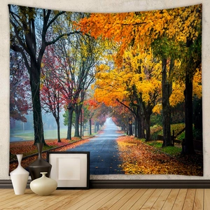 Detailed view of autumn forest landscape tapestry with vibrant red and golden maple leaves