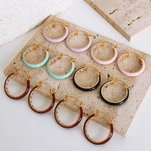 Chic multi-color enamel hoop earrings in gold stainless steel with zircon stones
