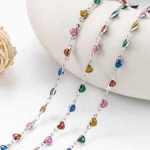 Colorful glitter heart charms on silver stainless steel chain jewelry for women