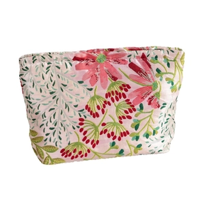 Portable large capacity cosmetic bag with floral embroidery and pink fabric texture