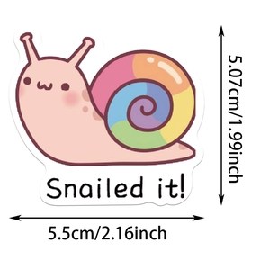 Cartoon snail sticker dimensions showing 5.5cm width and 5.07cm height on white background