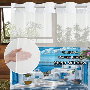 Santorini landscape double-layer waffle shower curtain with integrated rings and sheer fabric