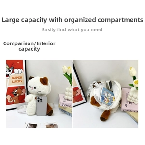 Cute calico cat plush crossbody bag showing spacious interior and size comparison