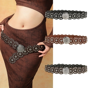 Western Concho Belt For Women Vintage Bohemian PU Leather Waist Decorative Strap With Alloy Round Metal Disks Y2K Style
