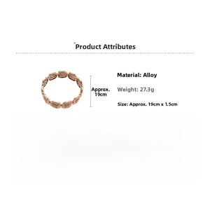 Detail of rose gold religious charm bracelet with engraved biblical quote and size specs