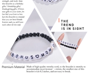Detail of Bonus Mom beaded bracelet with 6mm matte stones and high-quality elastic cord