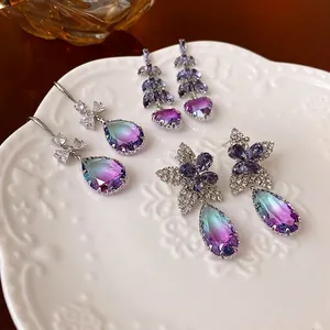 Boucles D'oreilles Luxueuses En Zircon Et Cristal Fleur Coeur Goutte D'eau Design Bijoux En Alliage Avec Tige En Argent 925