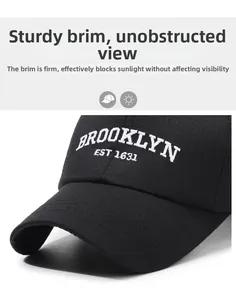 Close-up of white Brooklyn EST 1631 embroidery on black cotton baseball cap fabric