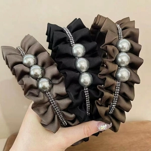 Ruched satin headbands with grey pearls and rhinestones in black and brown set of three