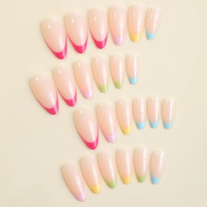 Almond-shaped French press-on nails with multi-color tips and nude base in a 24-piece set