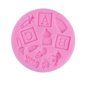 Pink silicone baby-themed fondant mold with bottle, bear and alphabet shapes