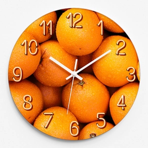 Modern 30cm round wall clock featuring vivid orange fruit design with clear water droplets