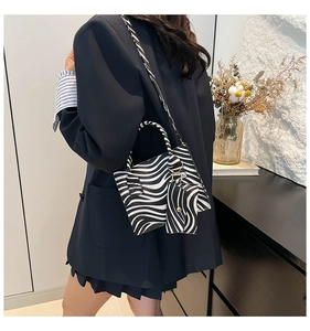 Detail of zebra pattern shoulder bag with matching coin purse and adjustable strap