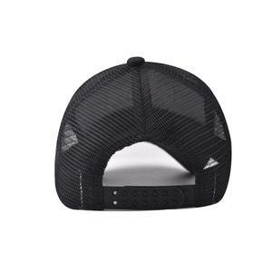 Rear view of black trucker cap showing breathable mesh and adjustable snapback closure