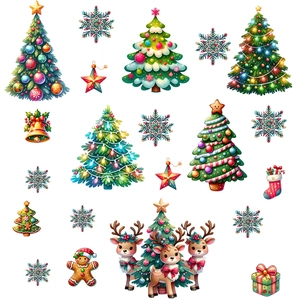 Christmas wall stickers set featuring 3D deer, pine trees, and snowflakes for home decor