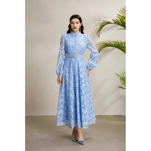 Elegant light blue lace dress with stand collar and lantern sleeves in a full-length view