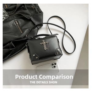 Detailed view of the black Y2K crossbody bag with gothic cross and metal rivets decor