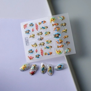 5D embossed cherub nail stickers featuring vintage angel and floral patterns on nails