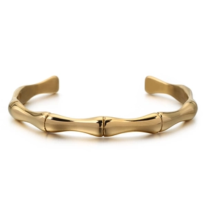 Bracelet jonc ouvert en acier inoxydable 304 plaqué or 18 carats style bambou