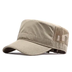 Men's khaki flat top cadet cap with breathable mesh panels and adjustable metal buckle