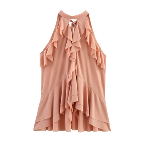Elegant apricot halter sleeveless top featuring layered ruffle details for women