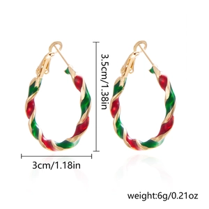 Detail view of red green and gold twisted Christmas hoops with size and weight specs