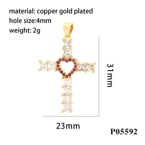 18K gold plated hollow heart cross pendant with red and clear zircon stones