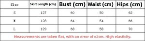 Detailed size chart for turtleneck knit dress showing S, M, and L measurements