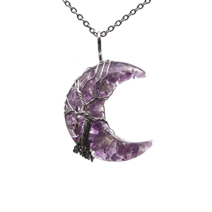Natural amethyst moon pendant necklace with silver tree of life wire wrap on white background