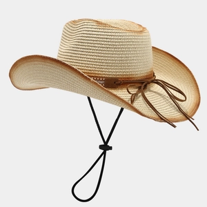 Foldable beige western cowboy straw hat with sun flower leather band and wind strap