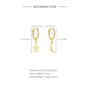 Detail of S925 sterling silver moon and star earrings with zircon inlay dimensions
