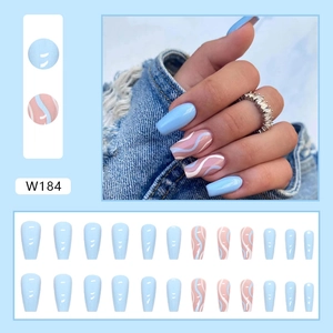 Sky blue and wave pattern coffin fake nails 24pcs set with elegant sea salt ripple design
