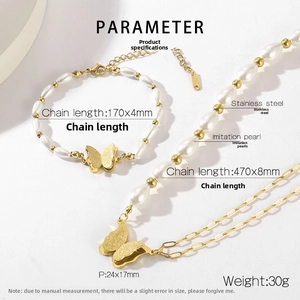 Flachbild von goldenem Schmetterlings-Halsketten und Perlenarmband-Schmuckset aus Edelstahl