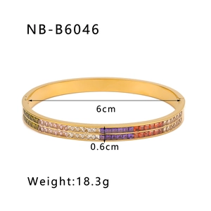 Close-up of gold stainless steel bangle with double-row rainbow cubic zirconia stones