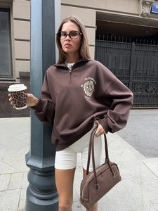 Vintage dark brown half-zip sweatshirt with chest print and standing collar for women