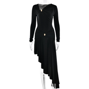 Elegant black long-sleeve dress with ruching detail and asymmetric hem for women