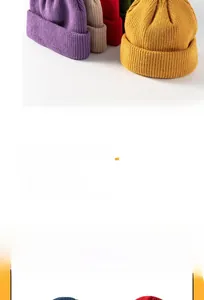 Close-up of thick ribbed knit texture on colorful beanies for autumn and winter