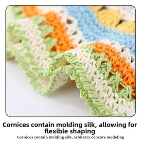 Detail of colorful striped straw hat brim featuring built-in shapeable wire for styling