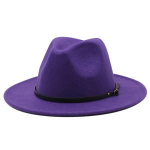 Detailed shot of purple wool fedora hat featuring black leather band and gold buckle