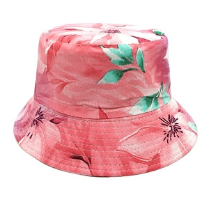 Detail of pink floral bucket hat showing precise brim stitching and twill cotton texture