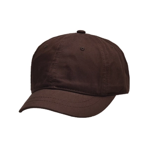 Detail of dark brown twill cotton baseball cap showing six-panel stitching and curved brim