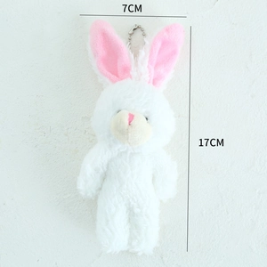 Detail view of a 17cm plush white rabbit charm with pink ears and metal bead chain