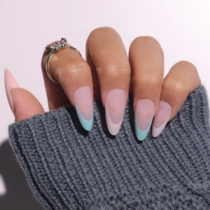 Französisch Press On Nails Lange Mandel Künstliche Nägel Nude Rosa Blaue Spitzen Künstliche Fingernägel