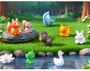 Miniature resin animal set for moss landscape gardening including fox and duck figurines