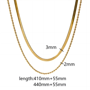 Details von 18k vergoldeter 3mm Schlangen- und 2mm Kordelkette mit Maßen auf Weiß