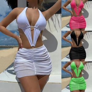Polyester Spandex Women Swimsuit Monokini Mesh Ruched Skirt Halter Cutout Metal Ring Sexy Beachwear