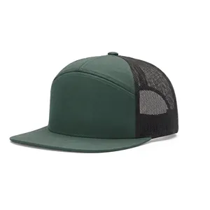 Custom dark green and black 7-panel mesh trucker hat with flat brim for embroidery