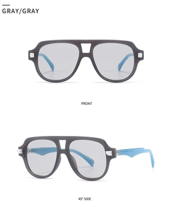 Front and 45-degree side views of aviator sunglasses with gray frames and blue temples